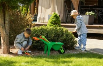 Children playing outdoors with toy tools